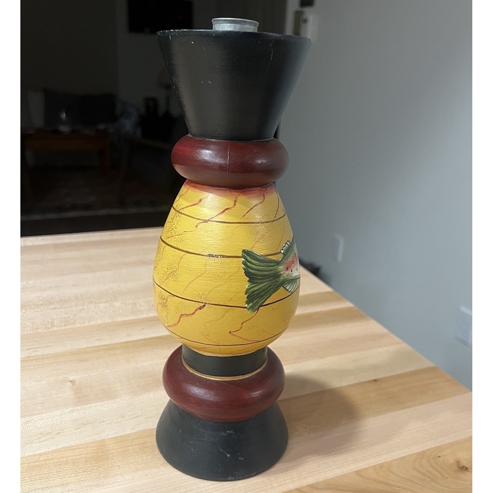 Whimsical Hand-Painted Pillar Candle Holder, Fish, Philippines, Wood, Cracked - Picture 7 of 10
